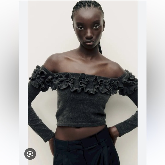 ZARA RUFFLED CHENILLE CROP TOP - Picture 3 of 8